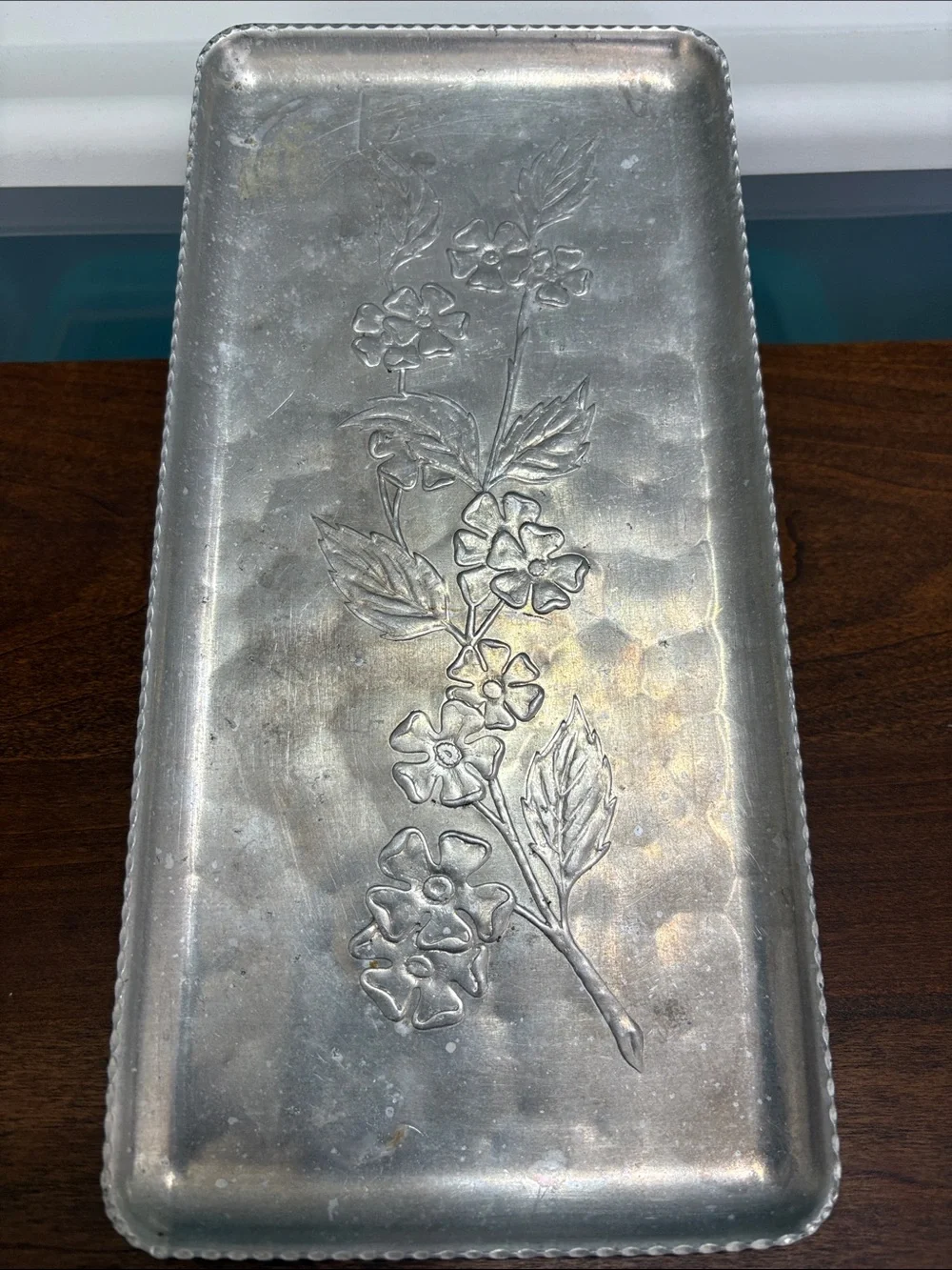 Floral Embossed Metal Serving Tray - Silver Finish